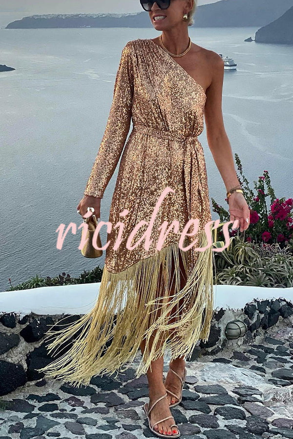 For The Love Gold Sequin One Shoulder Belted Fringes Midi Dress