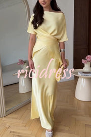 Secret of Elegance Satin Slit Back Lace-up Top and Elastic Waist Flare Maxi Skirt Set