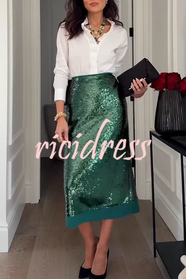 Shimmer Scene Sequin Patchwork Hem High Rise Slit Pencil Midi Skirt