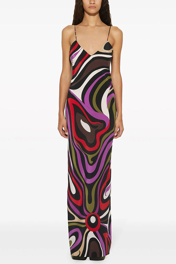 Love in Venice Unique Print V-neck Slit Slip Maxi Dress