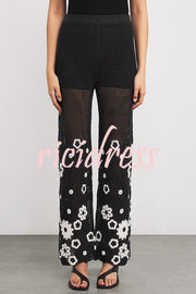 Fashion Embroidered Hollow Hook Elastic Waist Casual Wide-leg Pants