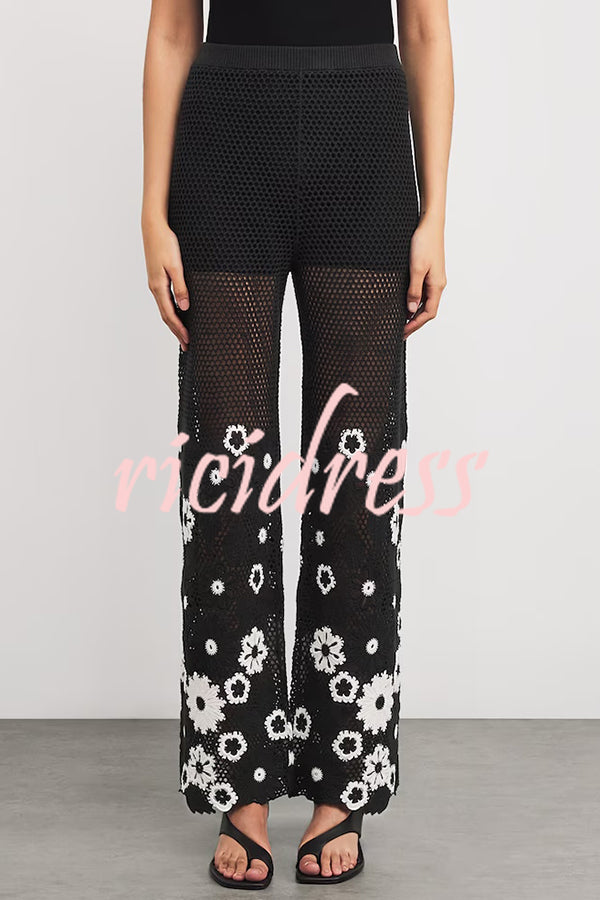 Fashion Embroidered Hollow Hook Elastic Waist Casual Wide-leg Pants