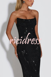 Mirabella Sequin Pleated Cowl Scooped Neckline Back Lace-up Strapless Maxi Dress