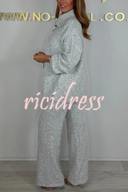 Solid Color Lapel Long-sleeved Loose Top and Elastic Waist Casual Pants Set
