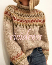 Retro Pattern Knit Colorful Crochet High Neck Pullover Sweater