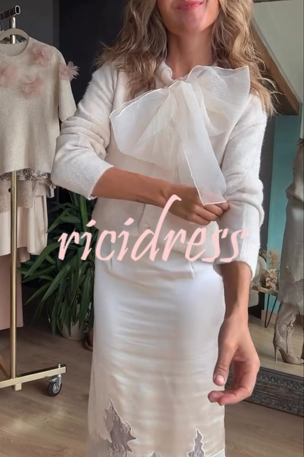 Orozco Knit Organza Bow Button-down Long Sleeve Loose Cardigan