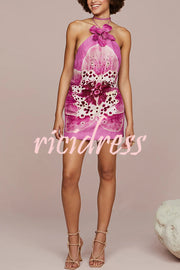 Artistic Flavor Linen Blend Printed Orchid Shape Halter Mini Dress