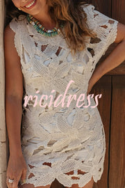 Fashion Crochet Hollow Loose Beach Cover-up Mini Dress