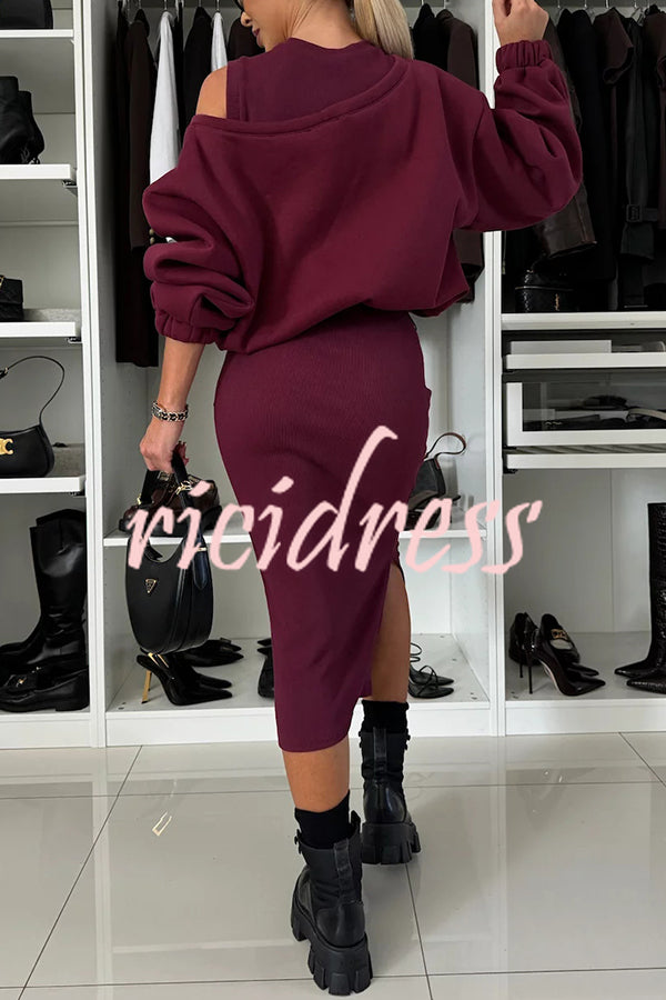 Lifestyle Wide Neck Relaxed Sweatshirt and Ribbed Tank Stretch Midi Dress Set