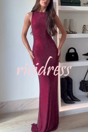 Holiday Nights Sequin Boat Neck Sleeveless Slit Maxi Dress