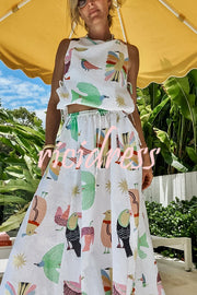 Island Paradise Linen Blend Unique Print Tie-up Slit Tank and Elastic Waist Pocketed Maxi Skirt Set