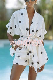 Playful Linen Blend Polka Dot Tie-up Kimono Top and Elastic Waist Pocket Shorts Set