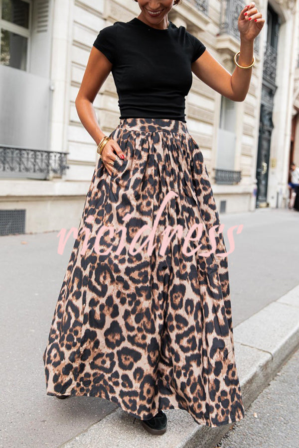 Leopard Print Pocket Pleated Hem Maxi Skirt