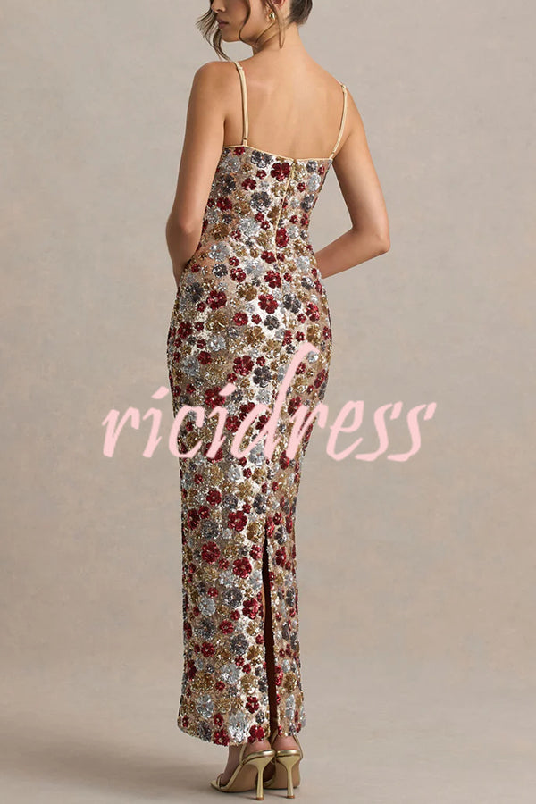 The Center of Attention Floral Print Sequin Square Neck Slip Stretch Maxi Dress