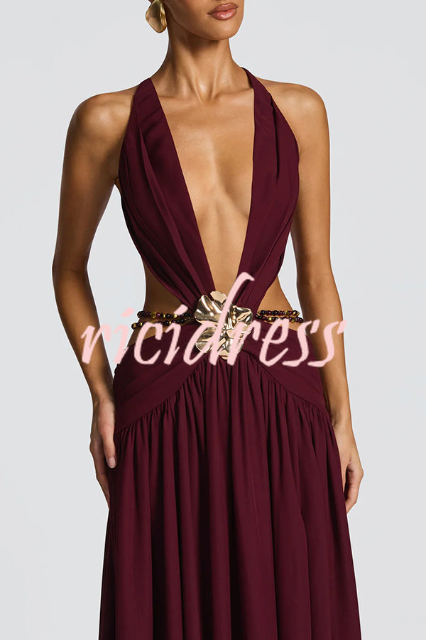 Kinara Leopard Print Deep V-neck Metal Flower Hollow Beads Detail Slit Maxi Dress