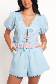 Fashionable V-neck Tie Puff Sleeve Top and Casual Pocket Shorts Set