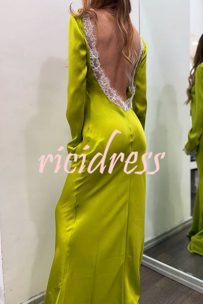 Mystic Moment Satin Lace Trim Long Sleeve Backless Maxi Dress