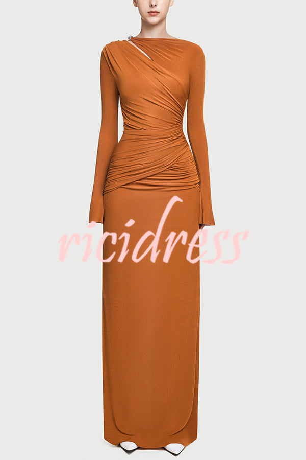 Stylish Long-sleeved Slim-fit Pleated Elegant Maxi Dress
