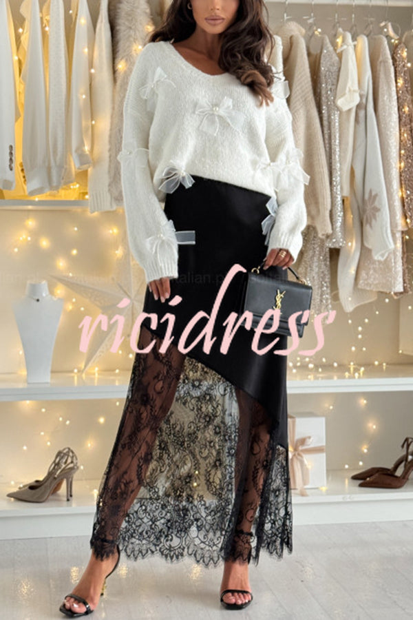 Gentle Winter Knit Tulle Bows Design Long Sleeve Relaxed Sweater