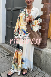 Ellison Unique Print Button Up Long Balloon Sleeve Loose Blouse