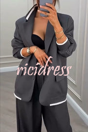 Fashion Sports Style Ribbed Colorblock Lapel Blazer and Elastic Waist Pocket Loose Pants Set