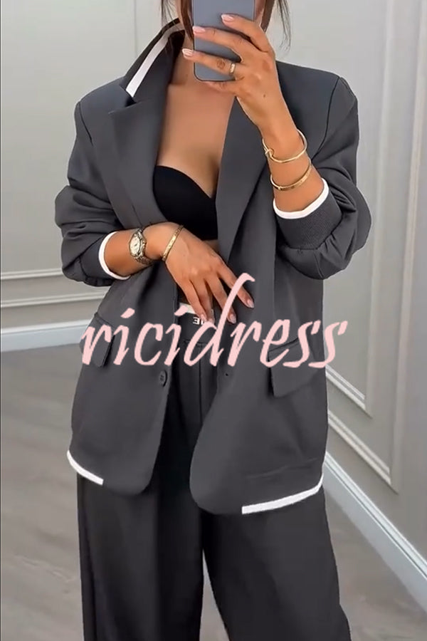Fashion Sports Style Ribbed Colorblock Lapel Blazer and Elastic Waist Pocket Loose Pants Set