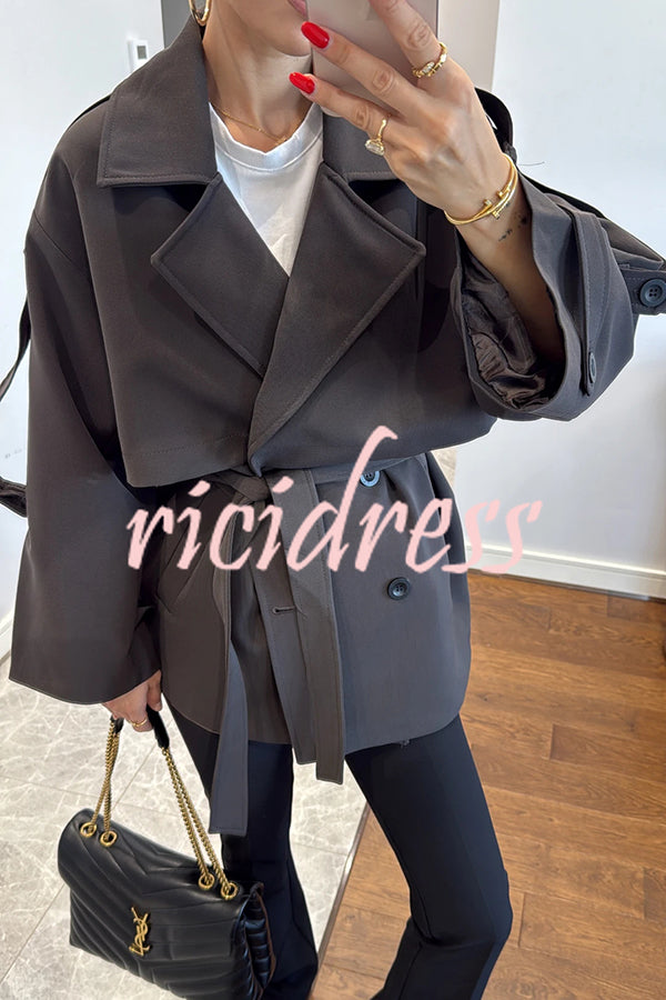Modern Urban Dropped Shoulder Strap Button Detail Belted Lapel Loose Trench Coat