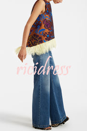 Emina Floral Feather Trim Trapezoidal Silhouette Asymmetrical Hem Top