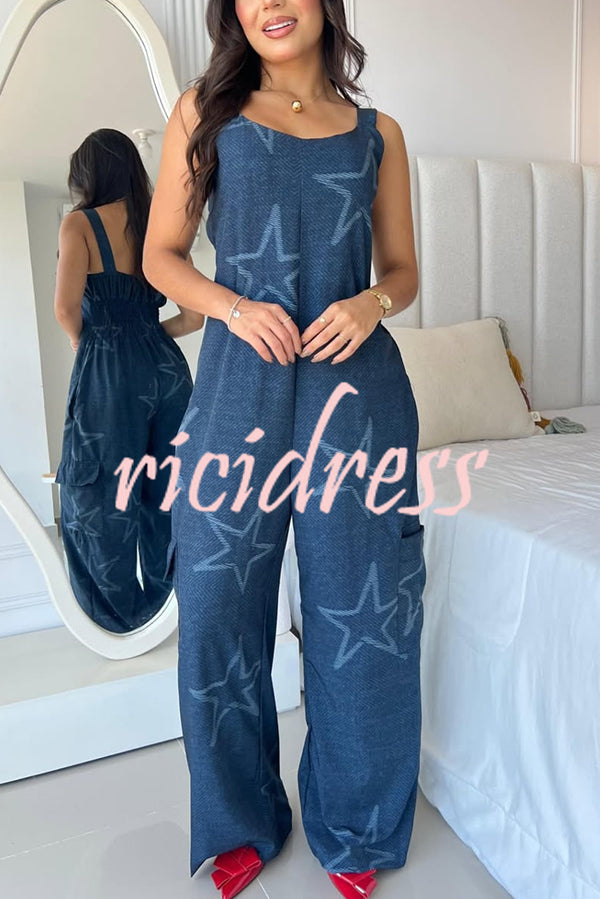 Fashion Cartoon Print Loose Round Neck Back Pleated Casual Pocket Wide Leg Jumpsuit