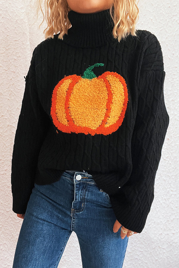 Halloween Pumpkin Knitted Turtleneck Casual Loose Sweater