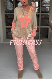 Embroidered Flower Hollow Long-sleeved Holiday Loose Knitted Top