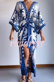 Chic Palm Tree Ethnic Print Fake Two Piece Lace Up Maxi Dress