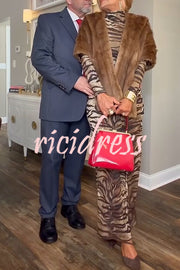 Winston Animal Print High-neck Long Sleeve Ruched Hip Stretch Maxi Dress