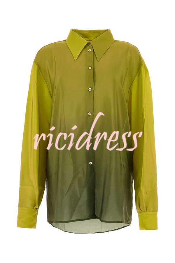 Moonlit Waltz Gradient Print Button Up Long Sleeve Loose Blouse