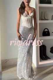 The Great Gatsby Embellished Sequin Mid Rise Flare Maxi Skirt