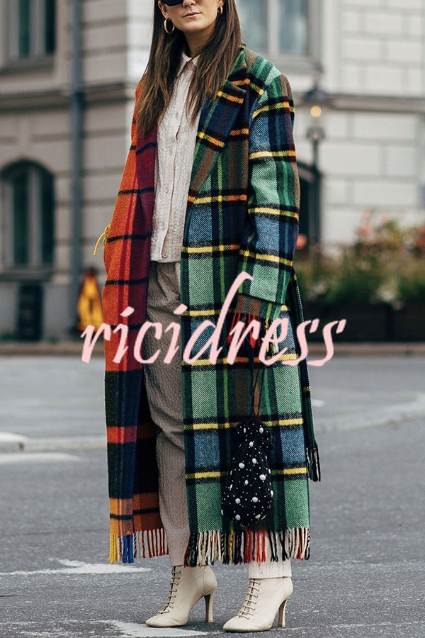 Fashionable Color-block Plaid Print Lapel Long-sleeved Casual Long Coat