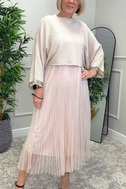 Fenna Ribbed Sequin Trim Batwing Sleeve Sweater and Pleated Tulle Stretch Tank Midi Dress Two-piece Set