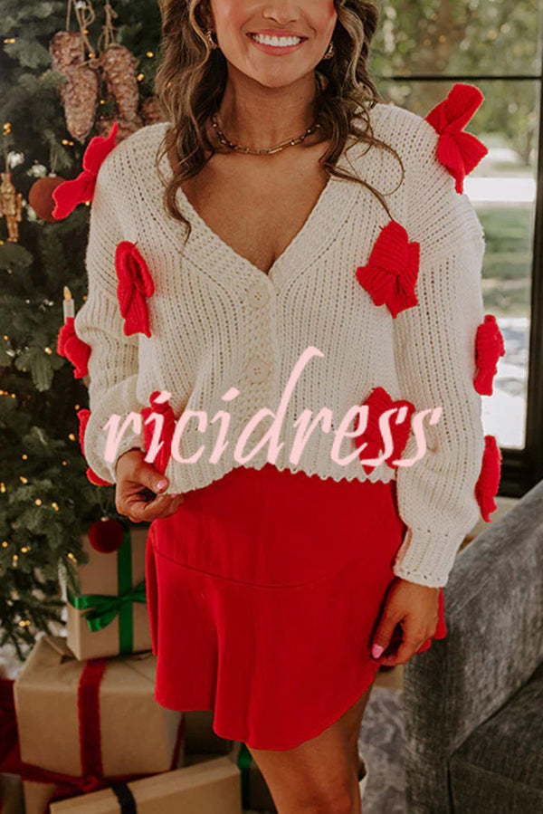 Wrapped in Bows Knit Color-blocked Loose V-neck Long-sleeved Cardigan