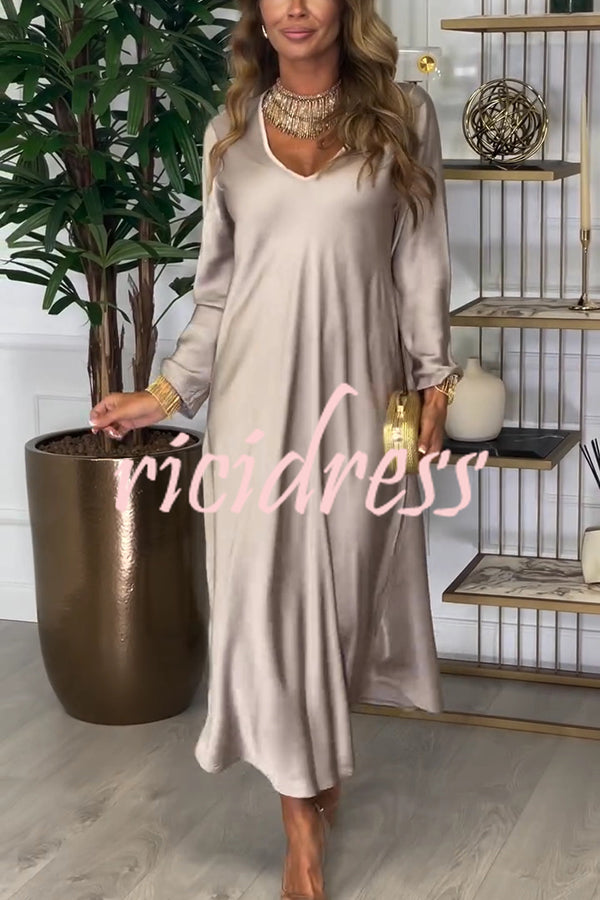 Solid Color V-neck Long-sleeved Loose Draped Maxi Dress