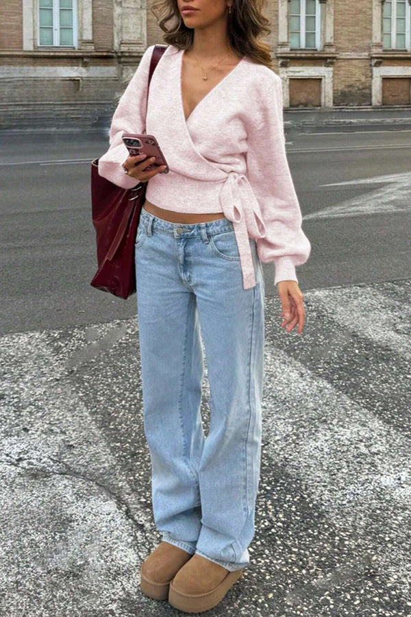 Solid Color Crossover V-neck Tie Elegant Long-sleeved Knit Top