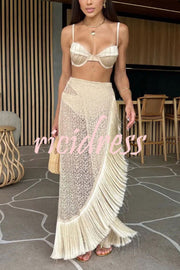 Solid High Waist Stretch Two-Piece Bikini and Fringed Cover Up Set