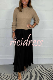 Stylish Knitted Round Neck Long Sleeve Patchwork Pleated Hem Maxi Dress