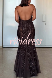 Twilight Gleam Sequin Textured Tulle Hem Halter Backless Maxi Dress