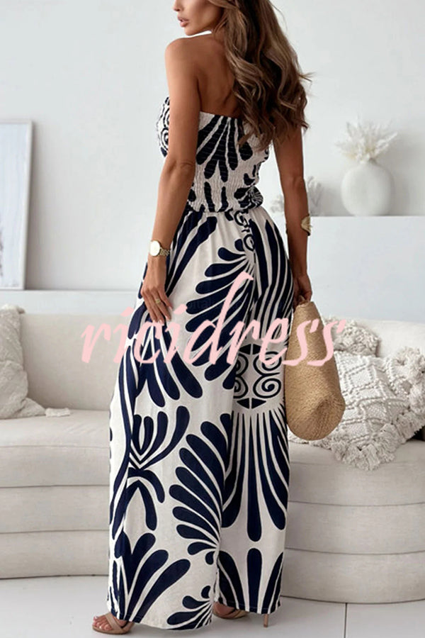 Unique Printed Off-shoulder Pleated Casual Wide-leg Jumpsuit