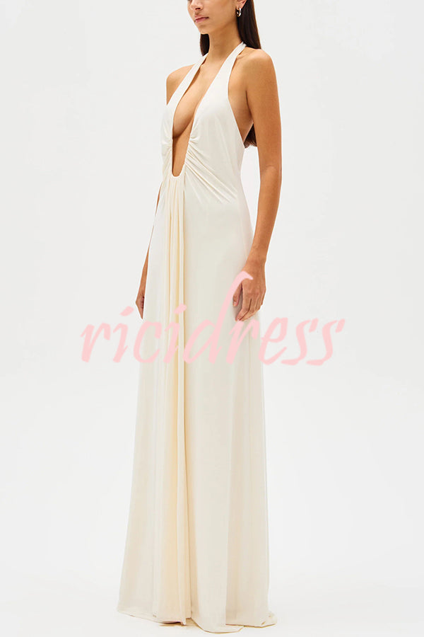 Sexy Silhouette Deep U-neck Halter Waterfall Sash Drape Maxi Dress