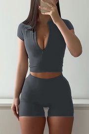 Fashionable Sports Yoga Style V-neck Crop Top and Stretch Slim Shorts Set