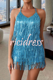 Shiny Sexy Halterneck Backless Lace-up Fringed Sequin Rompers