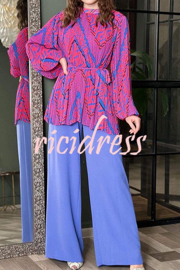 Unique Printed Puff Sleeve Pleated Loose Top and Casual Wide-leg Pants Set