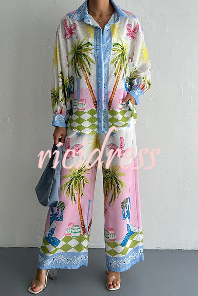 Holiday Style Print Loose Long Sleeve Shirt and Elastic Waist Loose Pocket Wide Leg Pants Set
