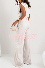 Jordy Ruched Shoulder Slit Top and Elastic Waist Pocketed Wide Leg Pants Set